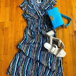 ⭐️NEW⭐️Striped Blue and Turquoise Mid Scrunch Dress